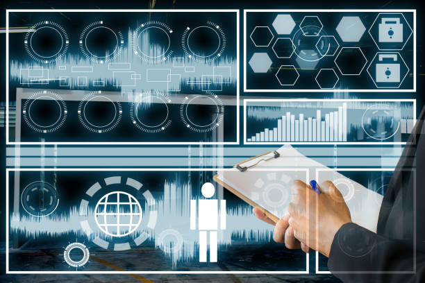 istock Businessman in technology room lab data radar polar scan and writing technology concept man working with virtual reality screen black background 1007689024