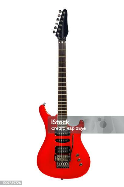 Hard Rock Guitar In Red Stock Photo - Download Image Now - Electric Guitar, Guitar, White Background
