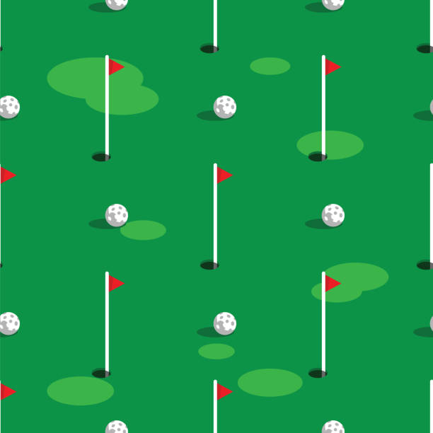 Golf course pattern background. Green grass and hole on golf field. Flags and balls on green golf course seamless pattern Golf course pattern background. Green grass and hole on golf field. Flags and balls on green golf course seamless pattern. golf patterns stock illustrations