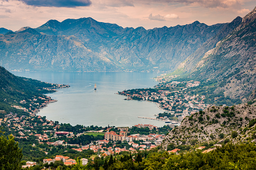 High angle view of Kotor bay at sunset, Montenegro