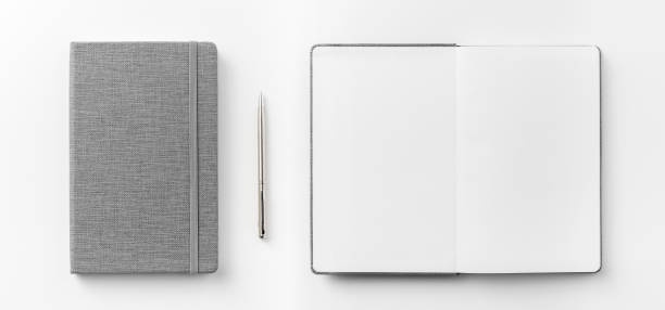 istock Top view collection of  grey notebook front, back pen, and white open page isolated on background for mockup 1007710252