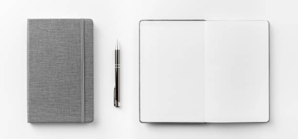 istock Top view collection of  grey notebook front, back pen, and white open page isolated on background for mockup 1007710430