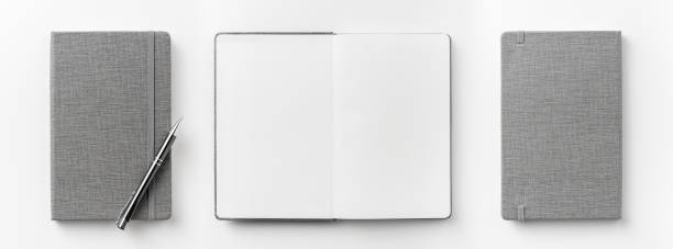 istock Top view collection of  grey notebook front, back pen, and white open page isolated on background for mockup 1007713082