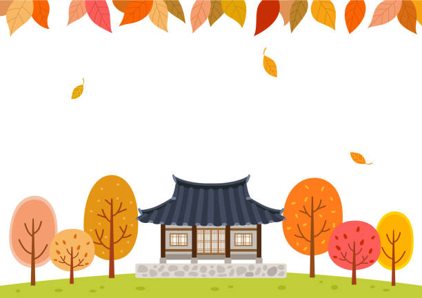 illustrazioni stock, clip art, cartoni animati e icone di tendenza di foresta autunnale con casa tradizionale coreana. mid autumn festival (chuseok) background. - eaves
