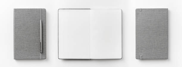 istock Top view collection of  grey notebook front, back pen, and white open page isolated on background for mockup 1007713242