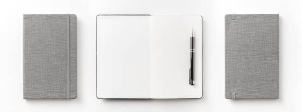 Top view collection of  grey notebook front, back pen, and white open page isolated on background for mockup