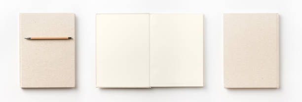 istock Top view collection of  light yellow fabric notebook front, back , pen and white open page isolated on background for mockup 1007715366
