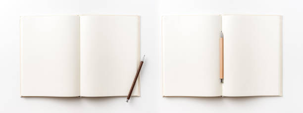 istock Top view collection of  light yellow fabric notebook, pen and white open page isolated on background for mockup 1007716648