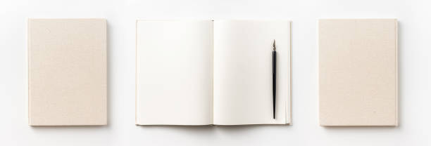 Top view collection of  light yellow fabric notebook front, back , pen and white open page isolated on background for mockup