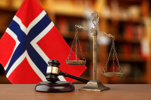 Gavel And Scales Of Justice and  National flag of Norway
