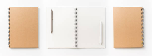 istock Top view collection of  spiral kraft notebook front, back and white open page isolated on background for mockup 1007719834