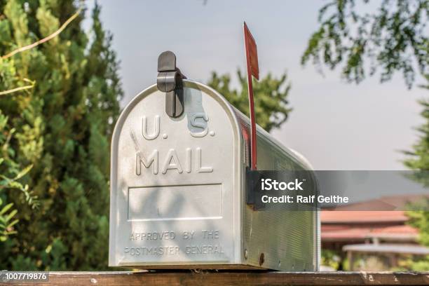 Us Mailbox From The Front With Upright Flag Stock Photo - Download Image Now - Mailbox, Mail, United States Postal Service