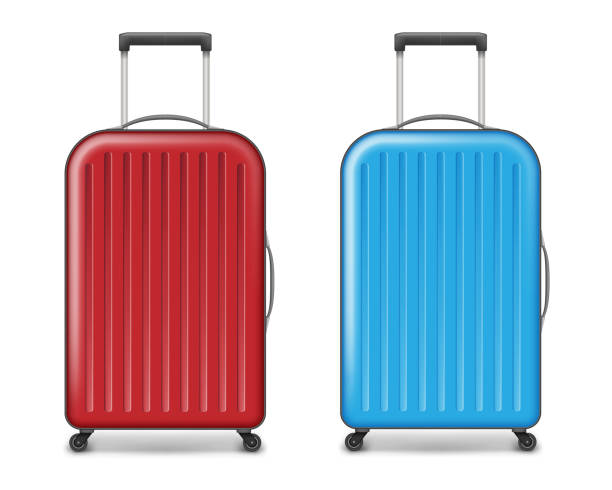 istock Realistic red and blue large travel plastic suitcase. polycarbonate suitcase with wheels isolated on white. Traveler luggage bag design concept. vector illustration 1007723214