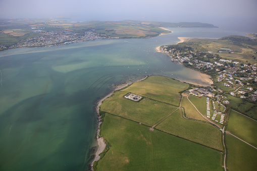 Aerial drone panoramic view of Scottish coastline on a bright sunny summer morning