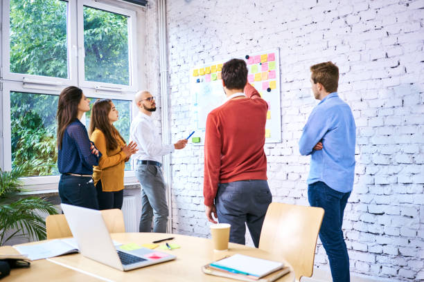 istock Group of startup entrepreneurs looking at whiteboard and discussing ideas. Students together in classroom 1007726936