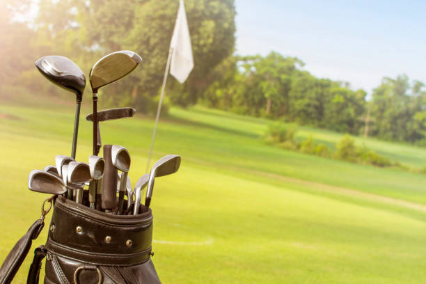 istock Golf bag in wide green lawn. 1007730320