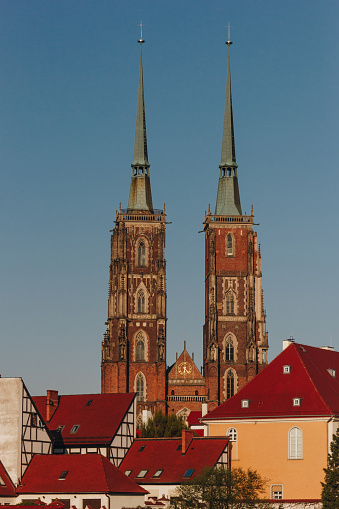 ancient Cathedral of St John Baptist in front of blue sky, Wroclaw, Poland