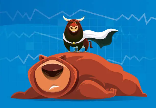 Vector illustration of superhero bull and failed bear