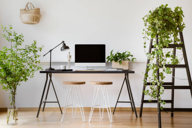 istock Computer desktop on desk with lamp in white freelancer's interior with plants and stools. Real photo 1007756488