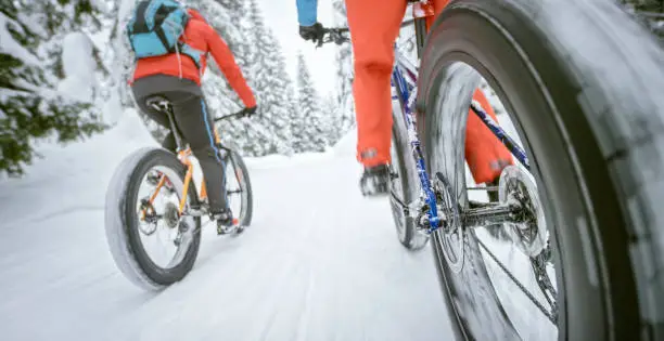 Rear view of male and female mountain bikers riding fatbikes on snow covered landscape.