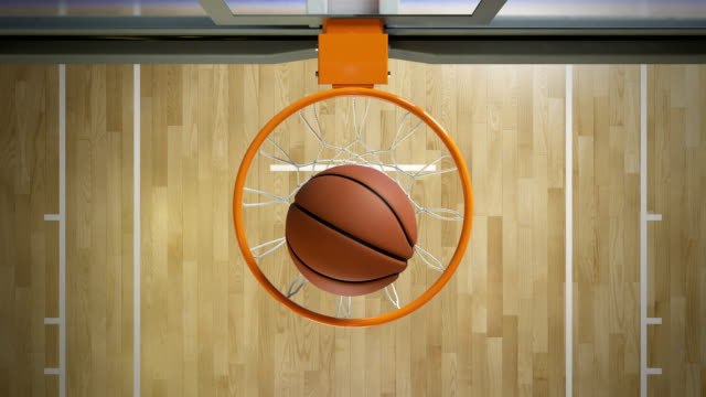 Beautiful Professional Throw in a Basketball Hoop Slow Motion Top View. Ball Flying Spinning into Basket Net. Sport Concept. 3d Animation 4k Ultra HD 3840x2160.