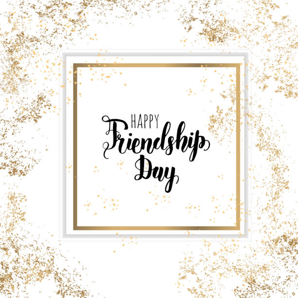 istock Friendship Day lettering calligraphy phrase on golden and white background with golden tinsel. Hand drawn quote 1007769236