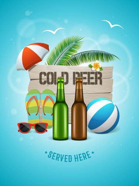 Cold beer served here summer poster. Cold beer served here poster. Two bottles on the summer background with wooden logo, palm trees, beach ball, umbrella, flip flops and sunglasses. Vector summer banner for beach bar beach bar stock illustrations