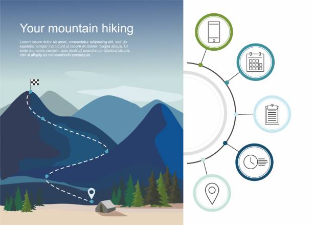 wandern route infografik mit fünf schritten. schichten der berglandschaft mit tannen - wandern grafiken stock-grafiken, -clipart, -cartoons und -symbole