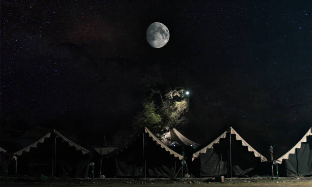 Camping tents in Shivpuri,Uttarakhand beneath a starry sky with moon.