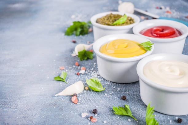 set of classic sauces and spices - sauces dip ketchup mayonnaise imagens e fotografias de stock