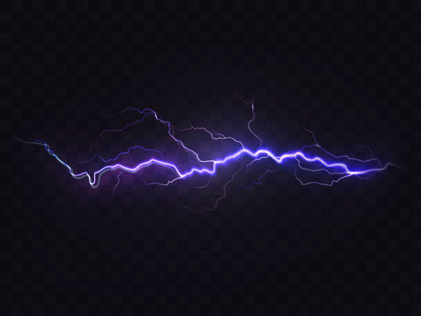 Vector realistic lightning, purple thunderstorm, design element Vector realistic lightning isolated on black background. Natural light effect, bright glowing. Magic purple thunderstorm, design element blue sparks stock illustrations
