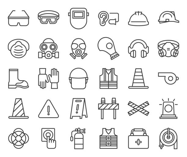 protective equipment and firefighter  outline icon protective equipment and firefighter  outline icon protective eyewear stock illustrations