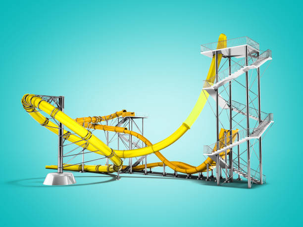 istock Modern yellow water roller coaster ride for water park for 3d rendering on blue background with shadow 1007795068