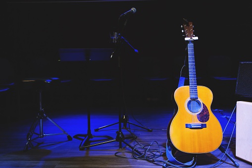 A young adult  caucasian female singer passionately recording a song in a cool recording studio. The female singer is attractive and wears casual clothes. The studio is full of audio and recording equipment. There is a microphone stand, a music stand and some drums. There is a beautiful orange light illuminating the room.