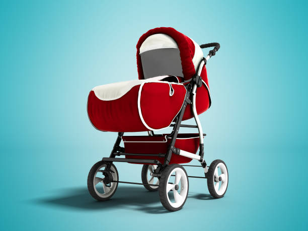 istock Modern red baby carriage for any weather with white inserts 3d render on blue background with shadow 1007797944