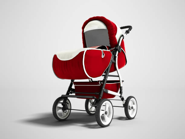 istock Modern red baby carriage for any weather with white inserts 3d render on gray background with shadow 1007798910