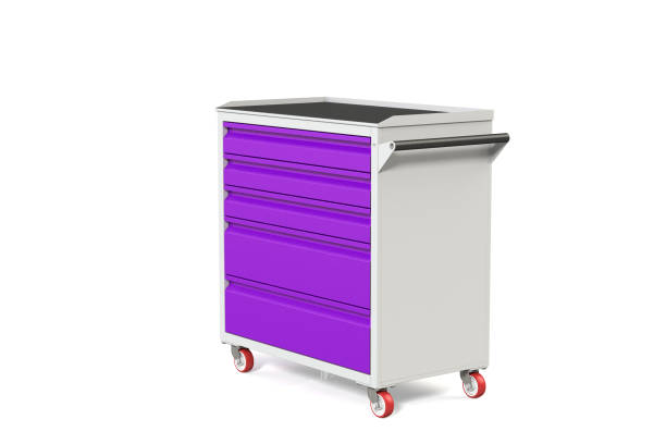 istock Metal tool cabinet-table on wheels with drawers. A convenient place for storing tools and spare parts. Service Garage Tools Box. 3D-model rendering of the table for shooting from above. 1007799266
