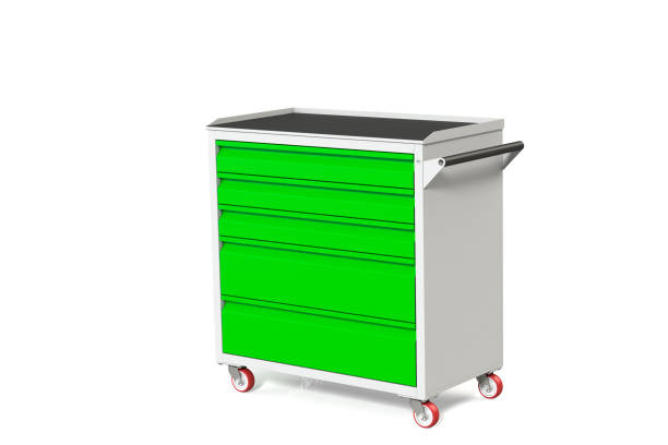 istock Metal tool cabinet-table on wheels with drawers. A convenient place for storing tools and spare parts. Service Garage Tools Box. 3D-model rendering of the table for shooting from above. 1007799308