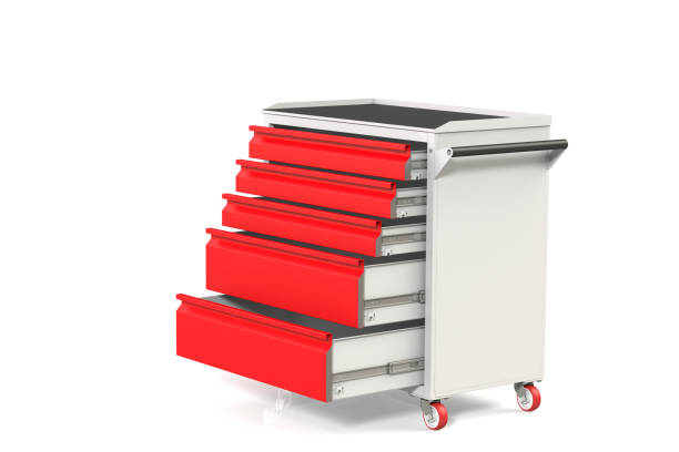 istock Metal tool cabinet-table on wheels with drawers. A convenient place for storing tools and spare parts. Service Garage Tools Box. 3D-model rendering of the table for shooting from above. 1007799326