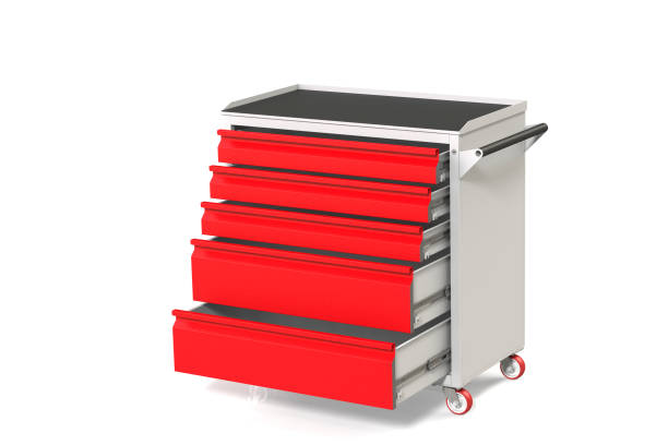 istock Metal tool cabinet-table on wheels with drawers. A convenient place for storing tools and spare parts. Service Garage Tools Box. 3D-model rendering of the table for shooting from above. 1007799342