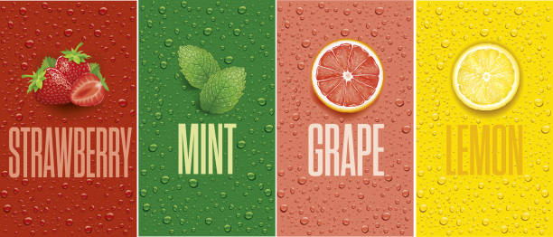 Banners with lemon, grapefruit, strawberry, mint leaf and many juice drops Banners with lemon, grapefruit, strawberry, mint leaf and many drops strawberry stock illustrations