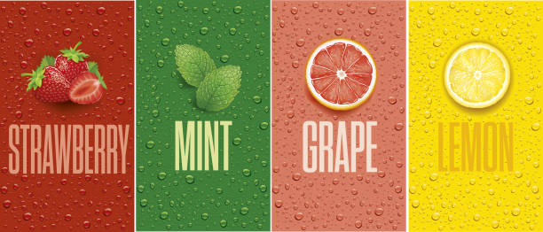 Banners with lemon, grapefruit, strawberry, mint leaf and many juice drops Banners with lemon, grapefruit, strawberry, mint leaf and many drops freshness stock illustrations