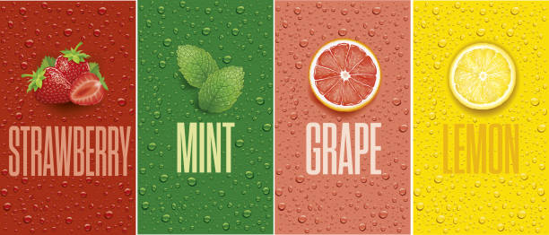 Banners with lemon, grapefruit, strawberry, mint leaf and many juice drops Banners with lemon, grapefruit, strawberry, mint leaf and many drops lemon fruit stock illustrations