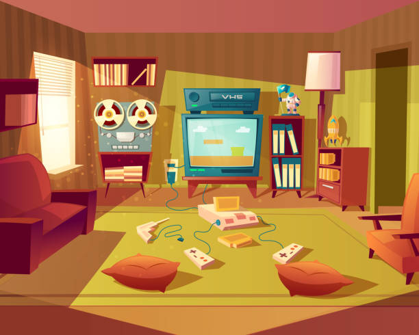 illustrations, cliparts, dessins animés et icônes de chambre rétro de vecteur dessin animé avec des jeux vidéo - wallpaper retro revival living room decor
