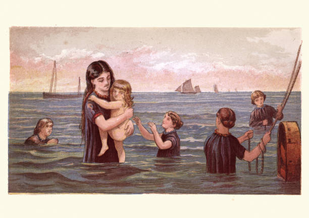 Victorian family on holiday by the Seaside, Bathing in sea Vintage engraving of Victorian family on holiday by the Seaside, Bathing in the sea, 19th Century victorian swimwear stock illustrations