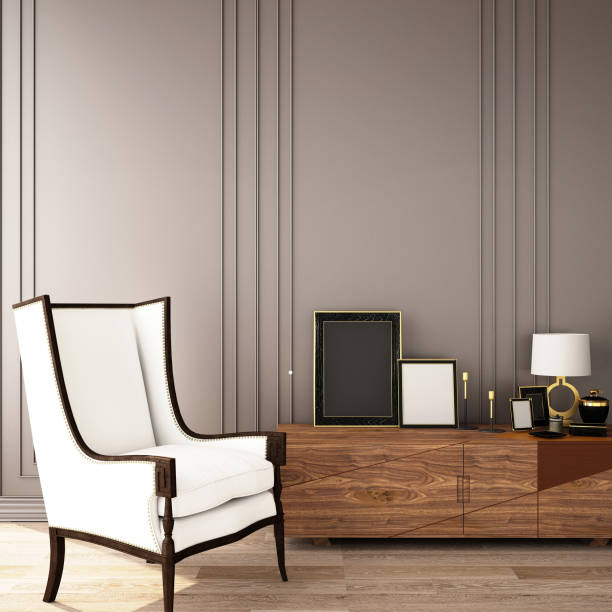 istock interior design for living area or reception with gray classic wall panel, armchair,cabinet and wooden floor background / 3d illustration,3d rendering 1007835880