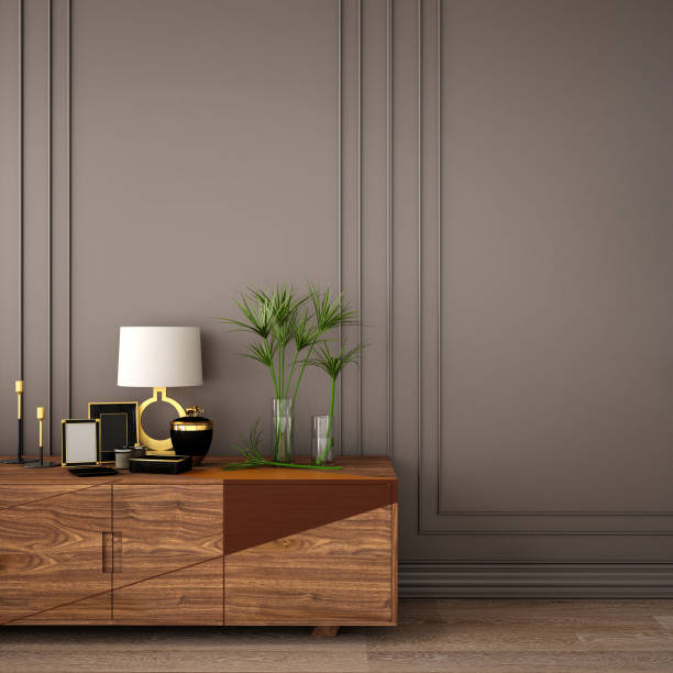 istock interior design for living area or reception with gray classic wall panel, armchair,cabinet and wooden floor background / 3d illustration,3d rendering 1007835958