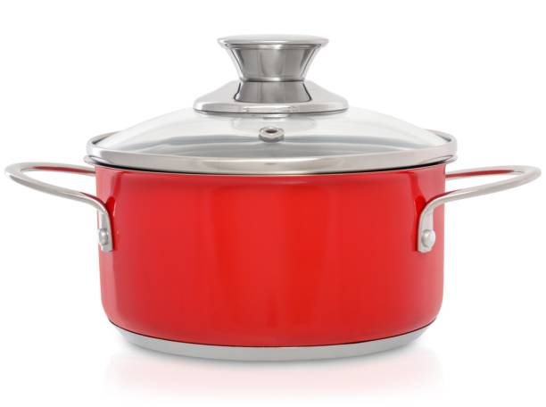 istock Red saucepan with closed lid isolated on white background 1007836284