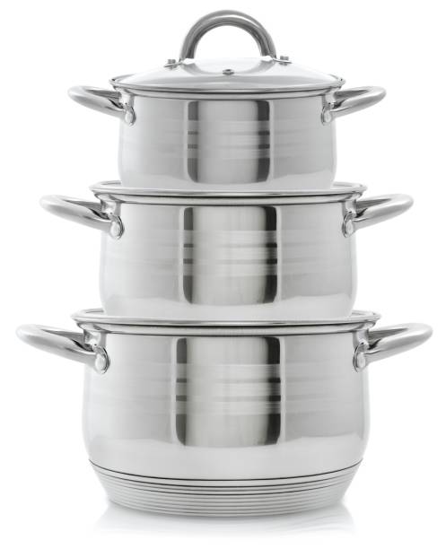 istock Set of three metal pans, stack of pans on a white background 1007836292