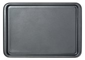 Rectangular black baking tray in oven, isolated on white background. Top view baking tray